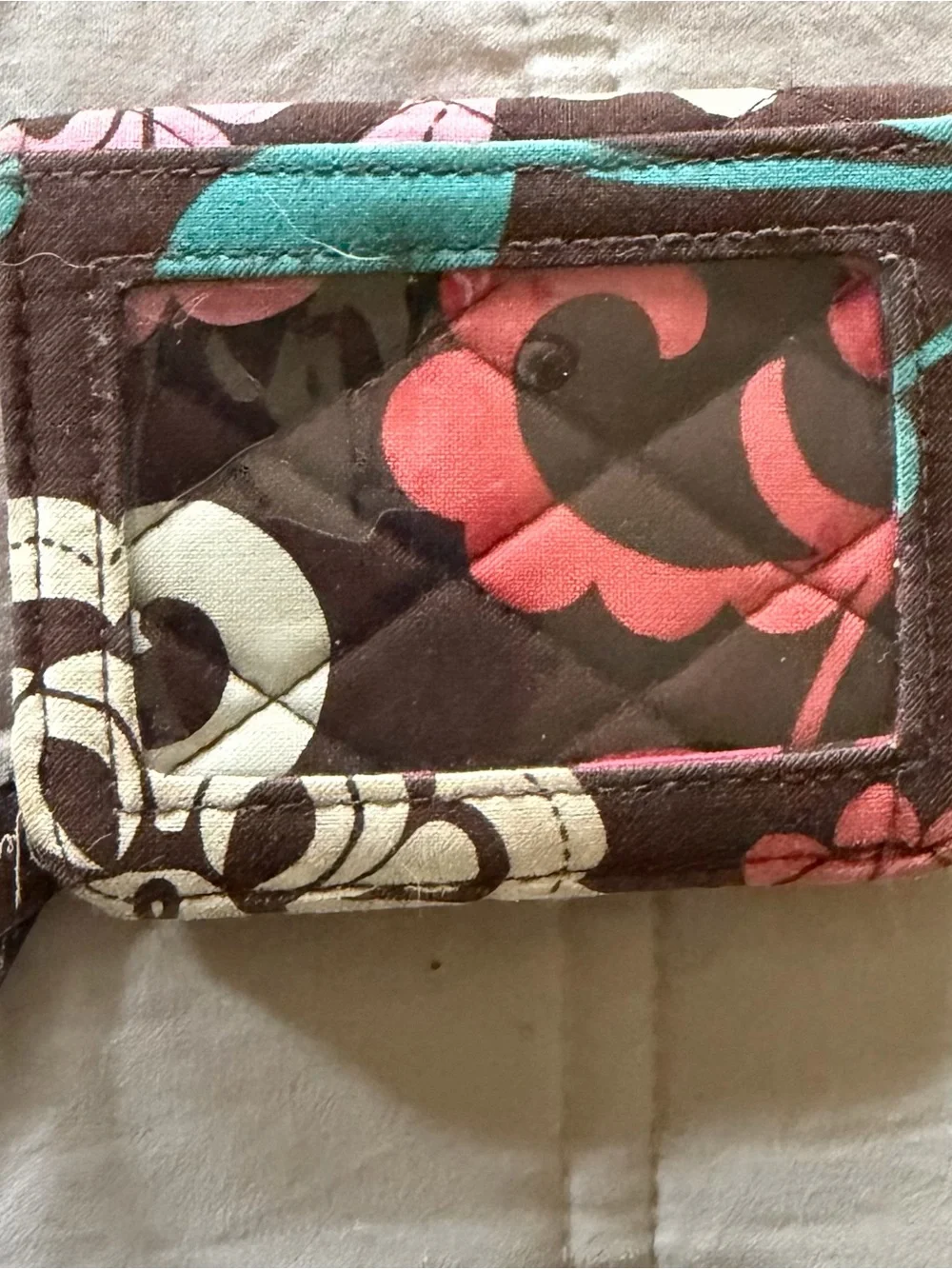 Vera Bradley Quilted Floral ID Wallet in Brown, Pink & Teal